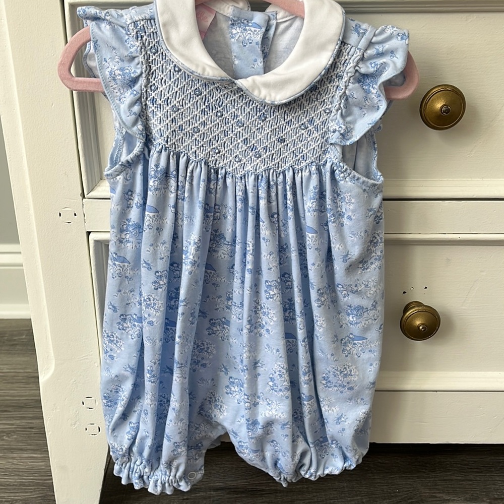 Petit Bebe blue toile smocked bubble